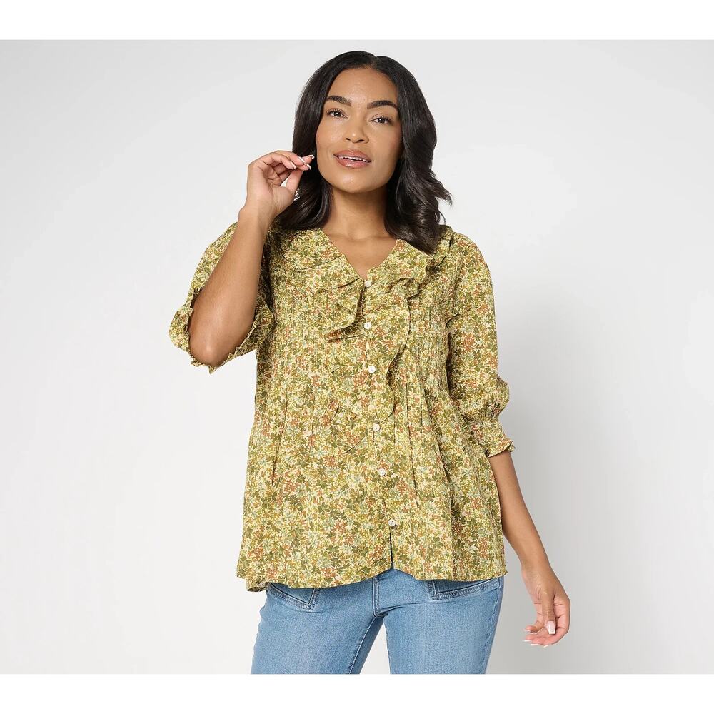 Ree By The Pioneer Woman Printed 100% Cotton Ruffle Front Blouse Olive Ditsy XS